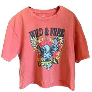 ORGANIC GENEREATION Wild & Free Graphic T-Shirt  Coral Raw Rolled Hem Boho